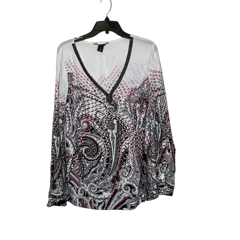 White House Black Market Blouse Size Medium‎ White Multi Floral Beaded Neckline